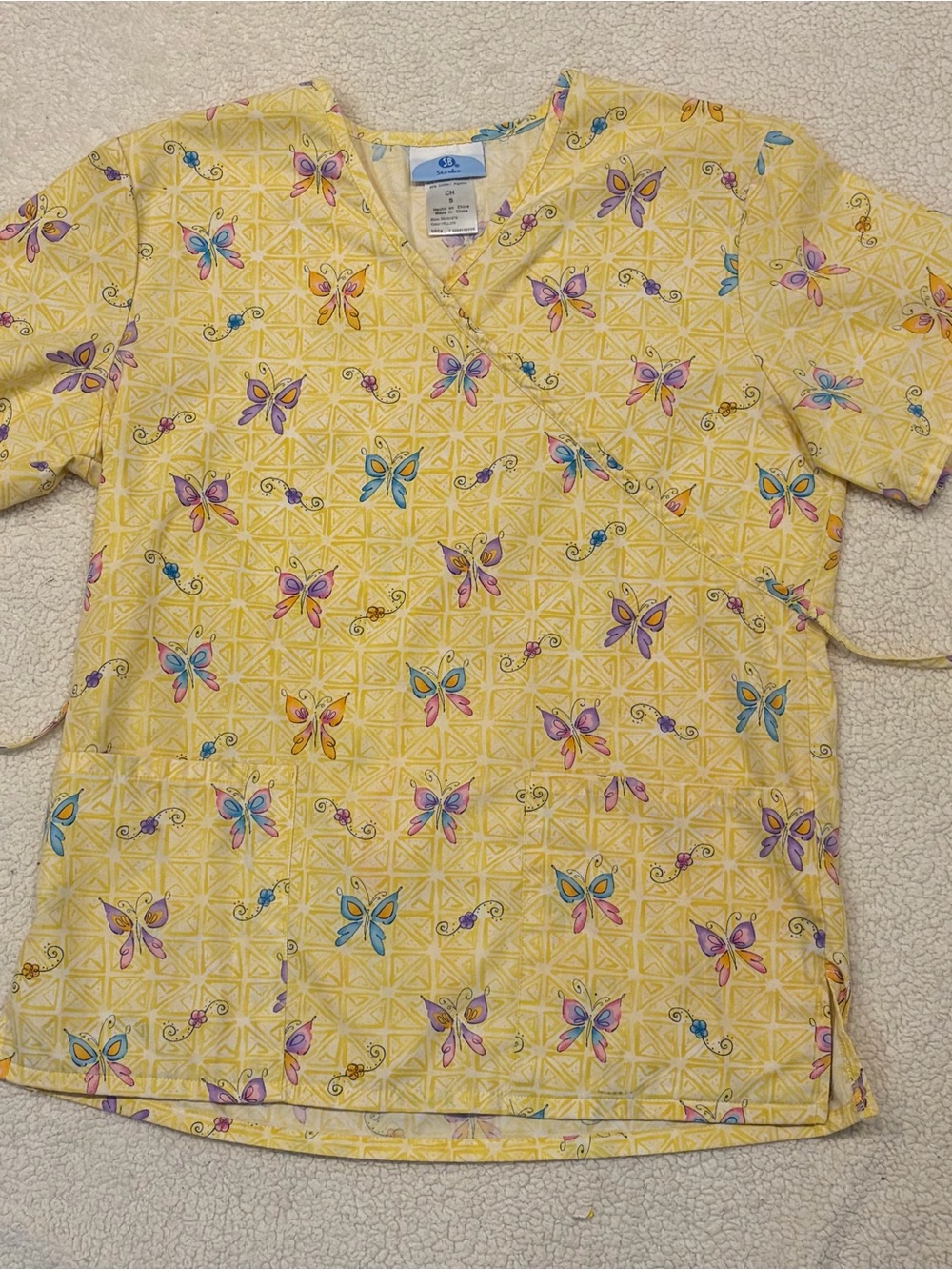 SB Scrubs Yellow Butterfly-Print Women's Scrub Top